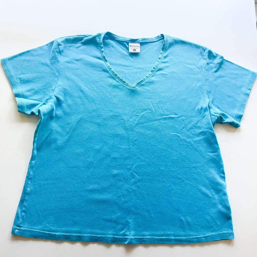 Columbia Size 2X Womens Blue Cotton V Neck Casual Short Sleeve Top